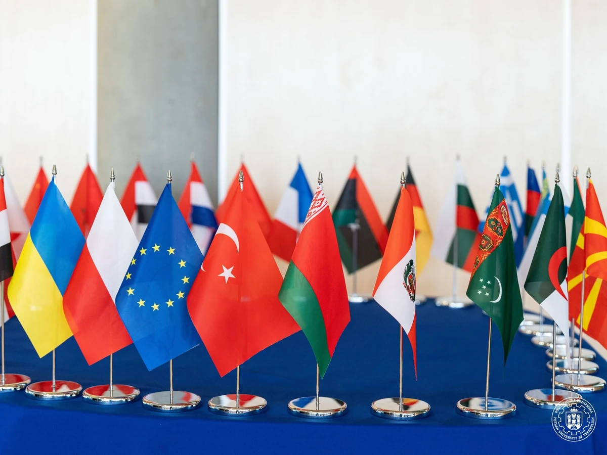 International flags representing the global academic community of Poznan University of Technology